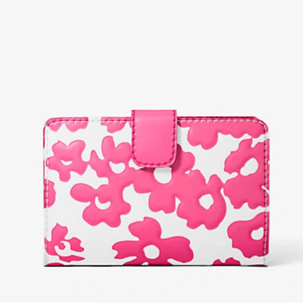 Michael Kors Jet Set Medium Floral Print Bi-Fold Wallet Dragonfruit NWT